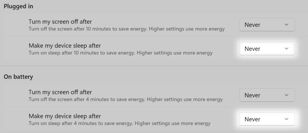 Windows 電源及電池設定中螢幕和睡眠超時下拉選單